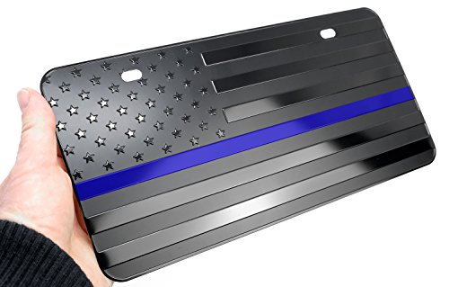 LFPartS USA American Black Flag Metal Embossed License Plate (12"x6", Black with Thin Blue line) - Thumbnail 2