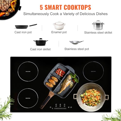 Image of VEVOR Electric Cooktop, 36 inch 5 Burners Induction Stove Top, 9200W Built-in Magnetic Cooktop, 9 Heating Level Multifunctional Burner, LED Touch Screen w /Child Lock & Over-Temperature Guard