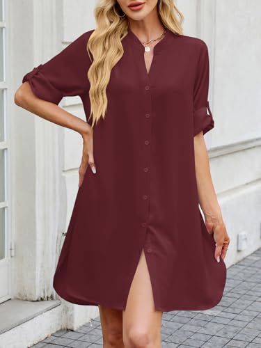 Image of PerZeal Womens Sexy V Neck Button Down Shirt Dresses Summer Short Sleeve Casual Loose Blouses & Button-Down Shifts Cover Ups