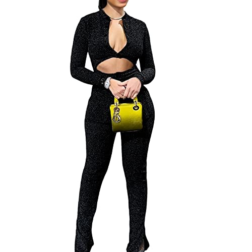 Womens 2 Piece Outfits Cut Out Casual Lady Business Suits Long Sleeve Slim Fit Sparkly Office Work Sets