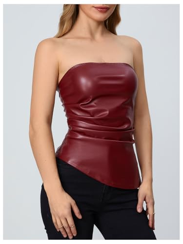MakeMeChic Women's Faux Leather Strapless Tube Tops Asymmetrical Ruched Backless Corset Crop Going Out Tops3