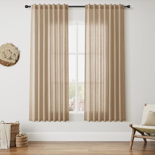 Image of Linen Curtains 63 Inch Long for Living Room Sand Beige 2 Panels