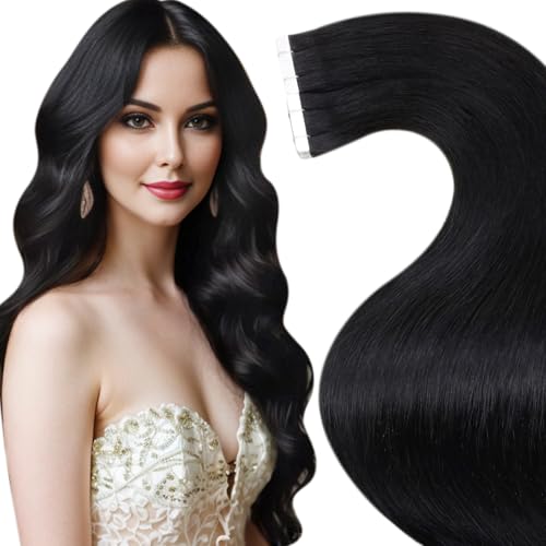 Image of LaaVoo Hair Extensions Tape in Black Tape in Extensions Real Human Hair Tape on Hair Extensions Seamless 20inch 50g 20pcs