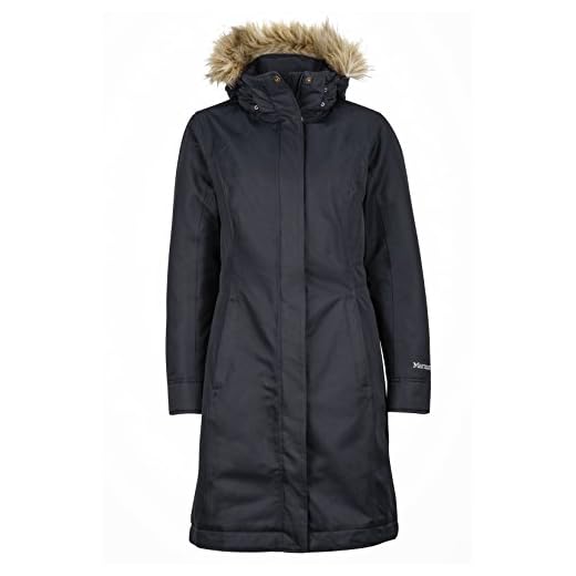 Marmot Wm's Chelsea Coat, Lätt dunjacka, 700 Fill-Power, Varm parkasjacka snygg vinterrock, vattenavvisande, vindtät, För kvinnor, Black, M