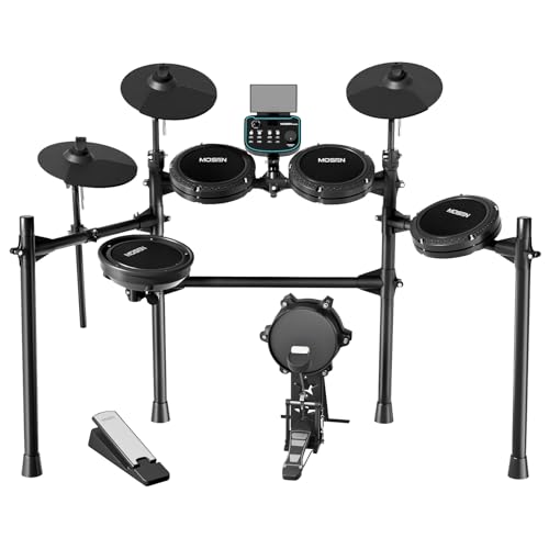 MOSEN MED-X5 Electric Drum Set Mesh Drum Pads, Phone Holder, Sticks, Adjustable cymbals, Kick drum, Headphones, USB MIDI, 260+ Sounds and 30 Drum Kits for Beginner