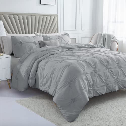 Swift Home King Cal King Gray 3-Piece Down Alternative Comforter Set Bedding Ruched 3D Floral Pintuck All-Season, Machine Washable #TOP21