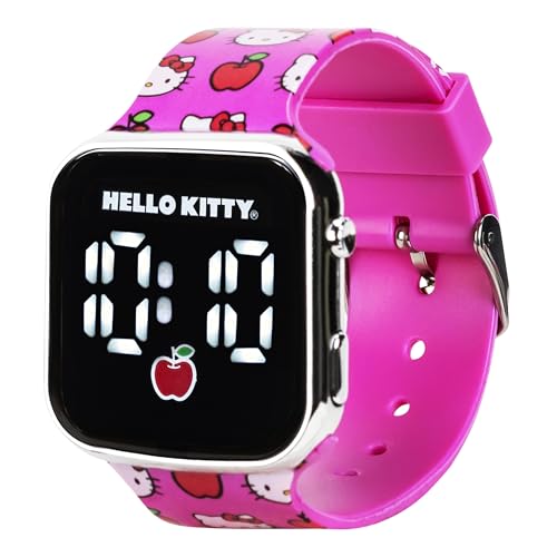 hello kitty led digital watch for kids  light up display pink silicone strap with apple print adjustable for wrist size 5534 to 834 easy touch activation official sanrio girls watch