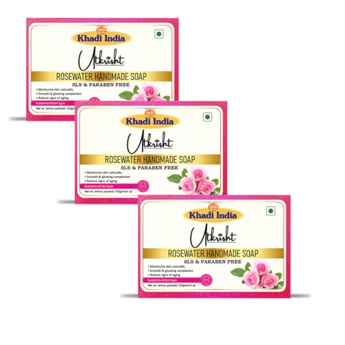 Image of Khadi Rosewater Handmade Soap Bathing Bar 125g (Pack of 3) | Natural & Herbal | Hydrates & Nourishes Skin | For Sensitive & Irritated Skin | Softens, Refreshes & Rejuvenates | All Skin Types