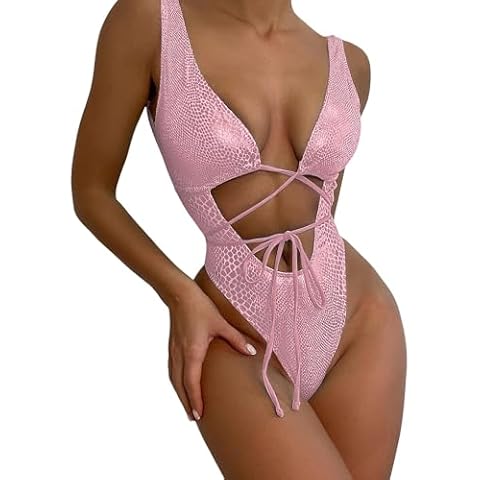 Mokpi Women's One Piece Swimsuit Metallic Bathing Suits Sexy Swimwear V Neck Monokini (M, Pink) Cover