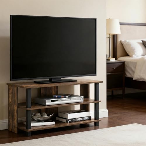 Image of Furinno Sully TV Stand, 3-Tier Rectangular Entertainment Center with Shelf, TV Console for TV up to 40 Inch, Open Frame for Cable Management, for Living Room, Bedroom, Amber Pine