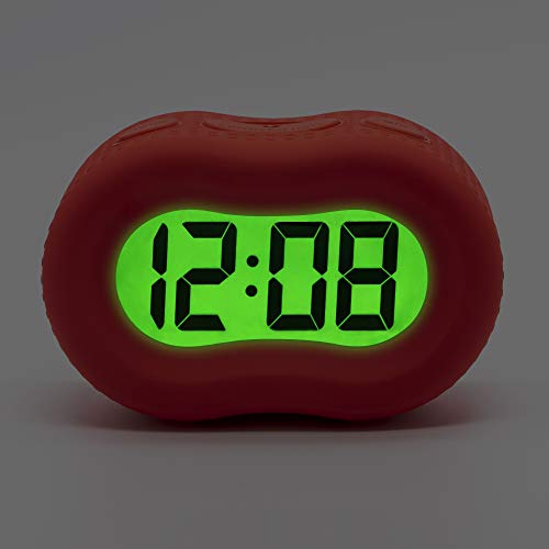 Image of Timelink Smartlight Rubber Alarm Clock with Automatic Night Light and Large Display - Easy-to-Use Digital Alarm with Snooze, Soft Rubber Case, Battery Operated, for Kids and Adults (Red)