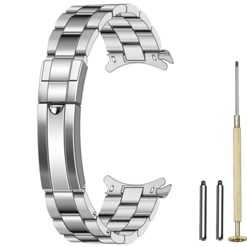 Image of Juntan Screw-in Stainless Steel Watch Band 20mm 21mm 22mm for Men Women, Curved End Straight End Metal Watch Strap with Oyster Buckle, Taperd Replacement Jubilee Bracelet Silver Gold
