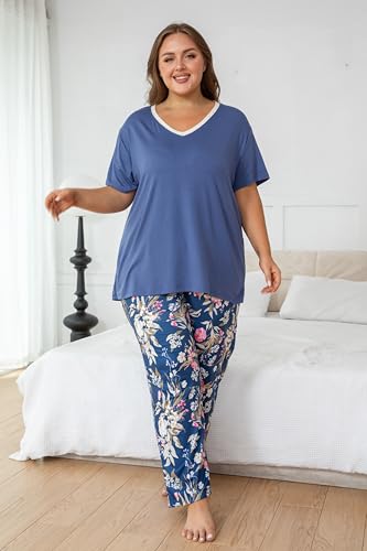 Image of Vozanet Women's Pajama Sets Short Sleeve with Long Pant Soft Sleepwear Printed pj Loungewear With TWO Pockets Size 1X to 5X