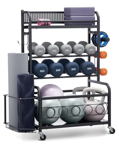 VEVOR Yoga Mat Storage Rack, Home Gym Workout Equipment Organizer, Powder Coated Finish Steel Yoga Mat Holder with Hooks & Wheels, Weight Rack for Dumbbell, Kettlebell, Foam Roller, and Yoga Strap