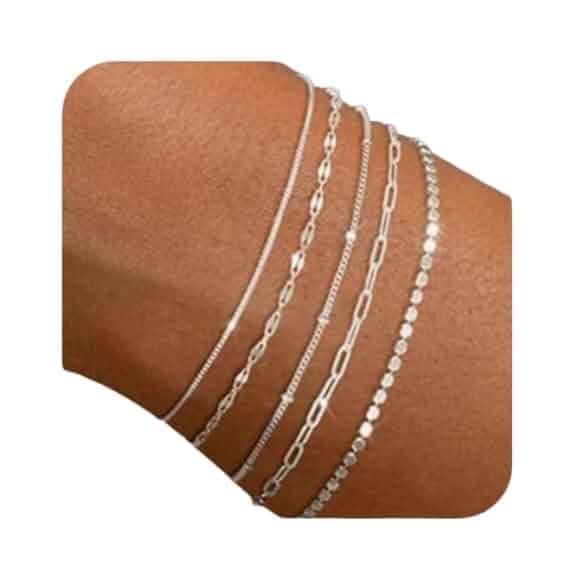 Dainty Silver Bracelets for Women Trendy - Sterling Silver Jewelry Set for Women, Stackable Bracelets Chain Bracelet Fashion Accessories Pack