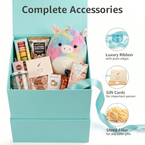 Image of LIFELUM Green Blue Square Gift Box for Presents with Magnetic Lid 8.6 x 8.6 x 8.6 inch, 1 Pack Gift Box Contains Card, Ribbon, Shredded Paper Filler for Wedding, Birthday, Bridal Gifts
