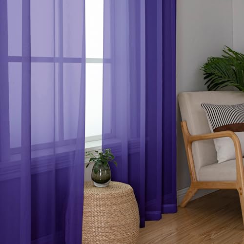 Image of Simplebrand Purple Short Sheer Curtains 45 Inch Length for Small Windows, Rod Pocket 2 Panels Set Solid Voile Drapes Window Sheer Curtains for Bedroom Bathroom Kids Room Kitchen, 42x45 Inch