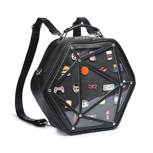 Image of Hexagonal PU Ita Backpack, Clear Pin Window Crossbody Purse for Anime Fans | Convertible Straps, Ample Room For Comic Meets & Daily Trips