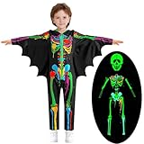 Bkixhv Skeleton Costumes Kids Glow in The Dark for Halloween Boys Girls Scary Bodysuit Cosplay Bone Jumpsuit with Zipper Toddler 5-6Y