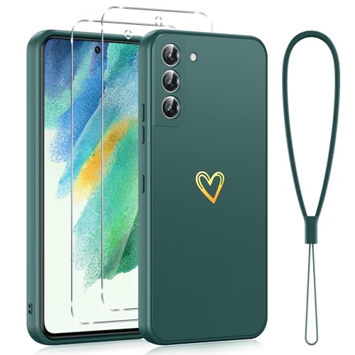 Phoona Carcasa para Samsung Galaxy S21 FE 5G 6,4', Funda de Silicona con Corazón de Amor Dorado con 2 Piezas de Vidrio Templado, Protección de Pantalla, Carcasa Prueba de Golpes, Verde