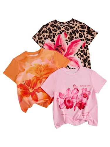 Image of RoseSeek Girl's Shirts 3 Packs Star Butterfly Graphic Tees Crew Neck Short Sleeve T Shirt Casual Tops