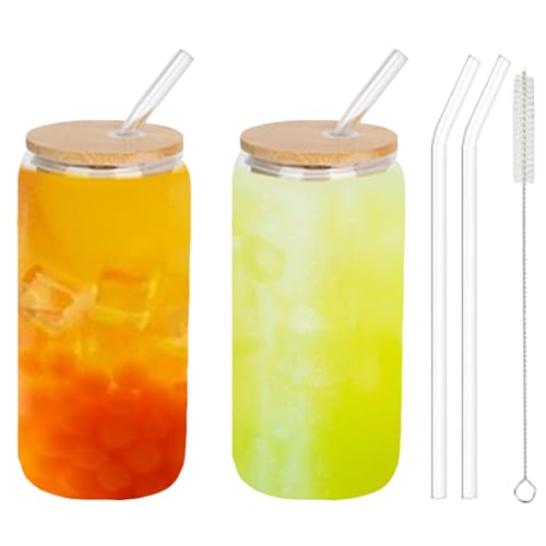 Aliangting 2-Pack 500ml Can-Shaped Glass Cups with Bamboo Lids & Glass Straws Reusable Tumblers for Smoothies Beer Iced Coffee Cocktails Soda and More Clear & Eco-Friendly Drinking Set