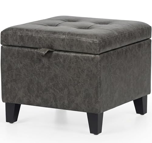 Asense 17 Inch Storage Ottoman Foot Rest,Square Faux Leather Foot Stool,Small Ottoman with Storage,Padded Seat for Entryway,Living Room,Bedroom,Couch,Under Desk,Dark Grey