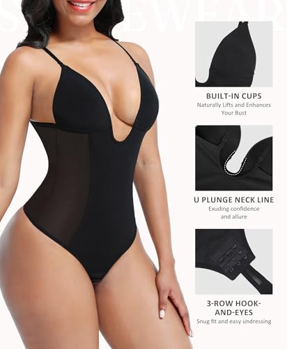 FeelinGirl Women's Tummy Control Shapewear Bodysuit Deep U Neck Thong Body shaper Seamless Slimming Shapewear3
