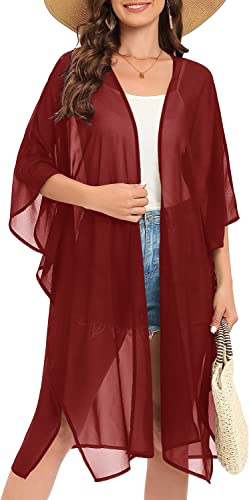 Image of Indian Trendy Women's Solid Puff Sleeve Kimono Long Cardigan Loose Cover Up Casual Blouse Top Chiffon