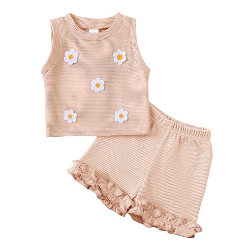 Kislio Toddler Baby Girl Outfits Floral Summer Clothes Waffle Sleeveless Tops Ruffle Shorts Cute Infant Spring Clothes Set