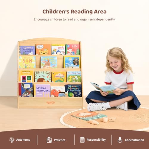 Image of Montessori Bookshelf, 4 Tier Kids Bookshelf - Safe, Sturdy, and Easy to Clean, Premium Wooden Book Shelf for Kids Rooms, Playroom, Classroom, Nursery（31-1 /2 inch D x 11-4 /5 inch W x 31-1 /2 inch H）