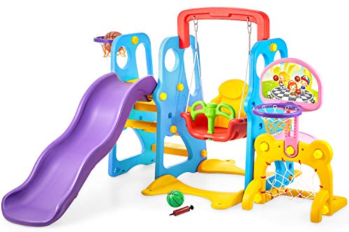 kealive Climber and Swing Set Toddler 5 in 1 Play Slide Climber Indoor Outdoor Playground Toy, 2 Basketball Hoops with Ball Game Accessories Activity Center in Backyard, for Kids Ages 3 and up