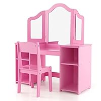 COSTWAY Kids Vanity Set, Children Dressing Table with Stool, Tri-Folding Detachable Mirror, Storage Shelves, Girls Makeup Tables for Playroom Bedroom