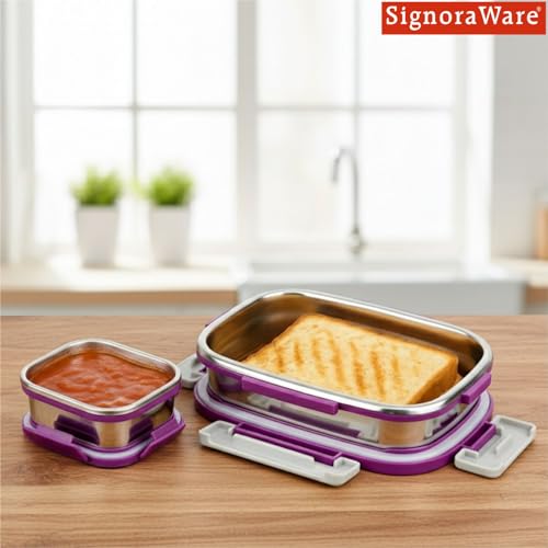 Image of SignoraWare Quickmeal Stainless Steel Small Lunch Box | Airtight & Leakproof | Portion Control | Easy to Carry | Ideal for Office, School, Kids & Travel (650ml + 130ml | Emagenta)