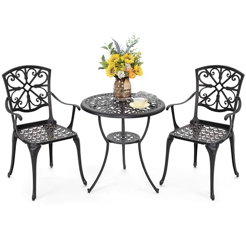 Image of NUU GARDEN 3 Piece Outdoor Bistro Set Cast Aluminum Patio Set Bistro Table Set Rustproof Patio Table and Chairs with Umbrella Hole for Backyard, Balcony, Porch, Black