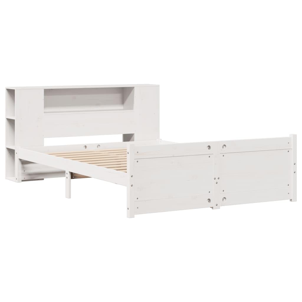 Cama de Madera Maciza Blanca con estantería y Soporte de láminas para colchón de 135x190 cm Ideal para dormitorios Juveniles y Adultos con Amplio almacenaje y diseño Funcional