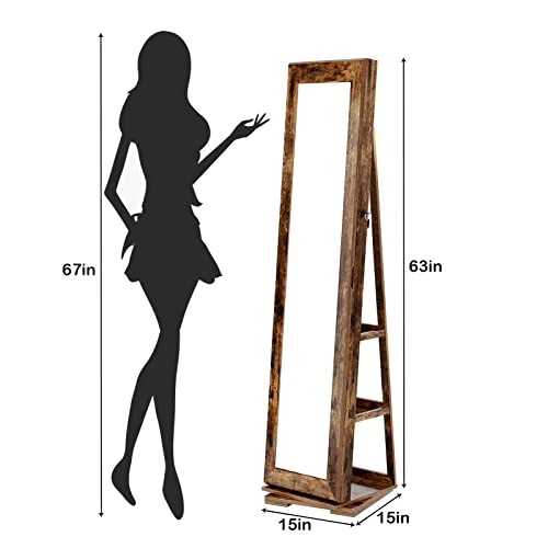 Sdhyl Jewelry Storage Cabinet With Mirror, 360° Rotating Jewelry Organizer Hanging, Full Length Mirror Wooden Jewelry Boxes & Organizers, Standing Jewelry Makeup Storage Lockable Armoire With Lock #TOP6