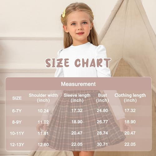 Girls Blouses Long Sleeve T Shirts for Girls Tops Tees Puff Round Neck Rib Kids Tshirt White Beige Caramel 6