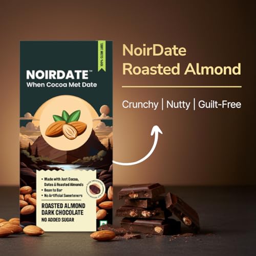 Image of NoirDate Roasted Almond Dark Chocolate - 75g, Bean to Bar, Sweetened with Dates, Refined Sugar Free, Clean Label, Healthy & Guilt-Free, Vegan, Rich in Antioxidant (Pack of 1)