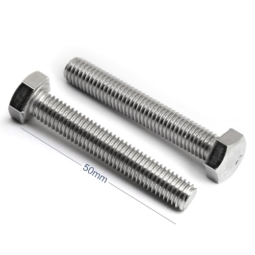 Image of M8-1.25 x 50mm Hex Head Screw Bolt, 18-8 (304) Stainless Steel, Fully Threaded, Plain Finish, Quantity 10