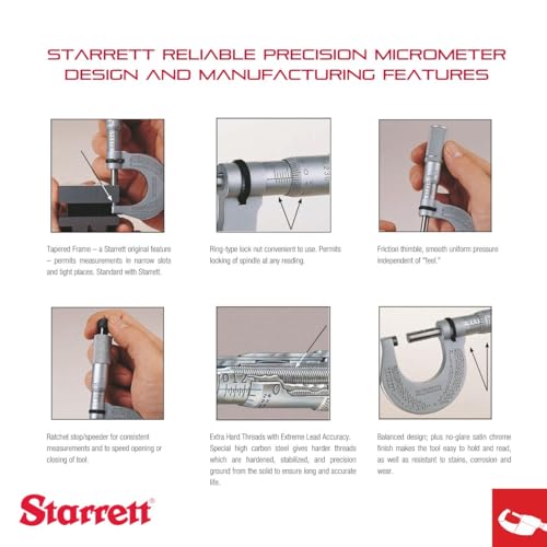 Micrómetro exterior Starrett T436.1XRL-5 de 4 a 5 pulgadas con caras de carburo y trinquete 3