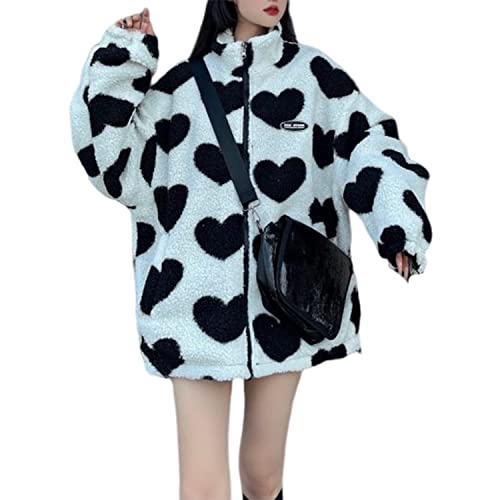 Chaquetas de forro polar para mujer, reversibles, con estampado de corazón kawaii, abrigos con cremallera, estéticos, Y2K, ropa de invierno de gran tamaño, Negro -, XL