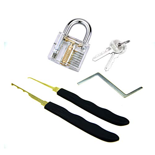 Loboo Idea Transparent Practice Padlock with 3 Pieces Professional Lock Picking Training Set, Extractor Tool for Beginner and Pro Locksmiths