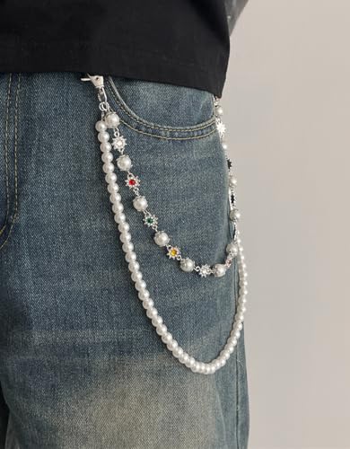 Image of Layered Pants Wallet Chain for Men Women Trendy Vintage Flower Pearl Rhinestone Wallet Chain Dainty Fashion Street Jeans Punk Keychain Jewelry Clothing Accessories
