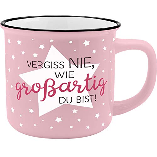 GRUSS & CO Becher Motiv Großartig | New Bone China Porzellan, Emaille-Optik, 35 cl | Geschenk, Tasse mit Spruch | 45774