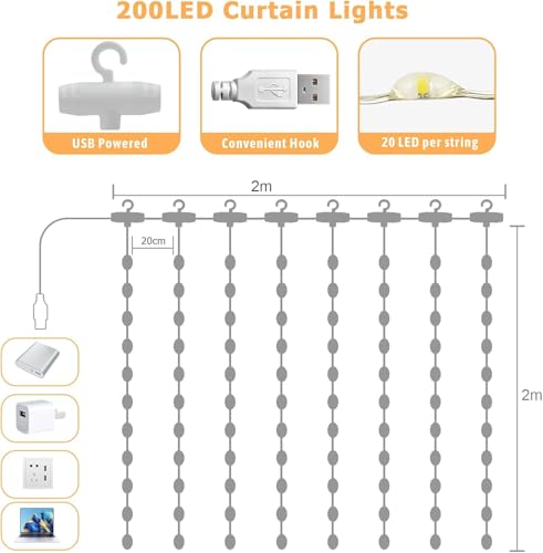 Lichtervorhang Warmweiß 200LED, 2mx2m LED Lichterketten Vorhang, Lichtervorhang innen USB Lichterkette LED Lichterkettenvorhang für… – Ansicht 4