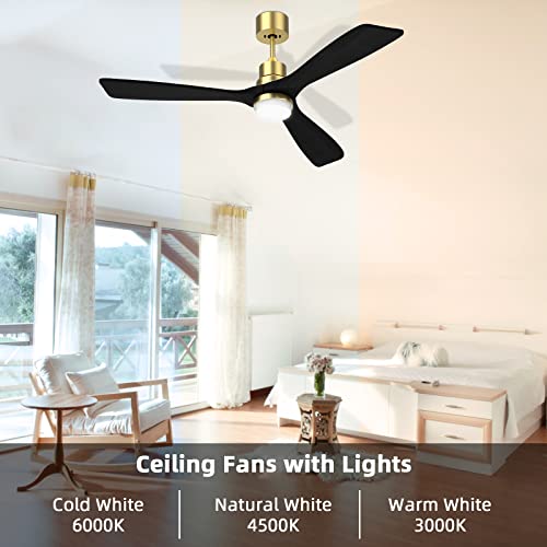 Obabala 52" Black Ceiling Fan With Lights Remote Control -3 Black Walnut Wood Blades -6 Speeds -Reversible Quiet Dc Motor 5250 Cfm - Gold #TOP3