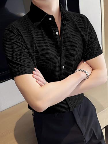 Image of GRECIILOOKS Shirt for Men | Mens Casual Shirt | Men Stylish Shirt | Men Waffle Shirt | Men's Regular Fit | Men Formal Shirt | Short Sleeve Shirt for Summer Outdoor Activities |Textured Shirts for Men