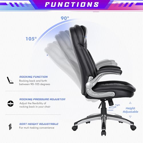 Image of COLAMY High Back Executive Office Chair - Ergonomic PU Leather Desk Chair with Flip-Up Armrests,Height, Lumbar Support, Comfortable Computer Chair for Home Office - Black