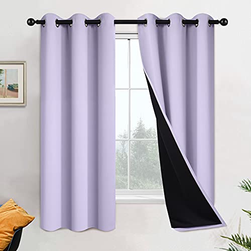 Image of Yakamok 63 Inch Length 100% Blackout Curtains for Bedroom, 2 Thick Layers Thermal Insulated Grommet Total Blackout Drapes with Black Liner for Living Room (42Wx63L,Lilac, 2 Panels)